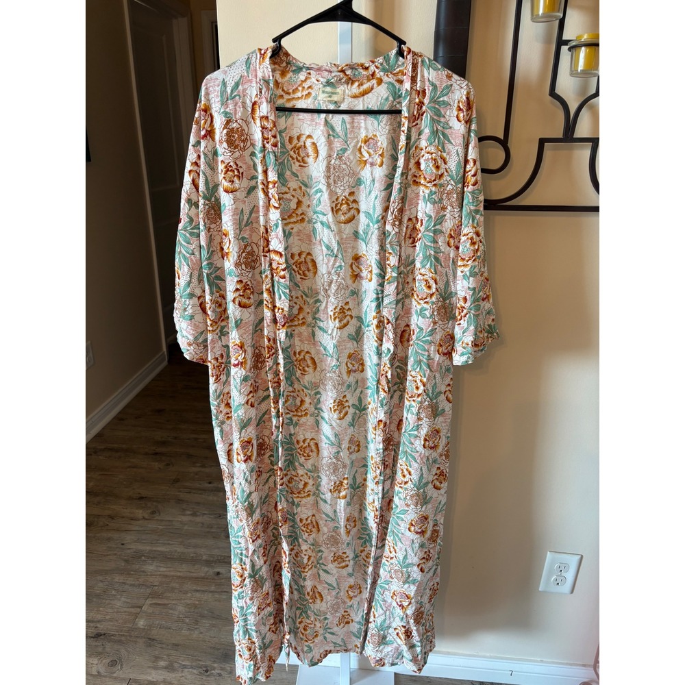 World Market Floral Kimono Robe Long Duster Peony Print One Size Teal Orange